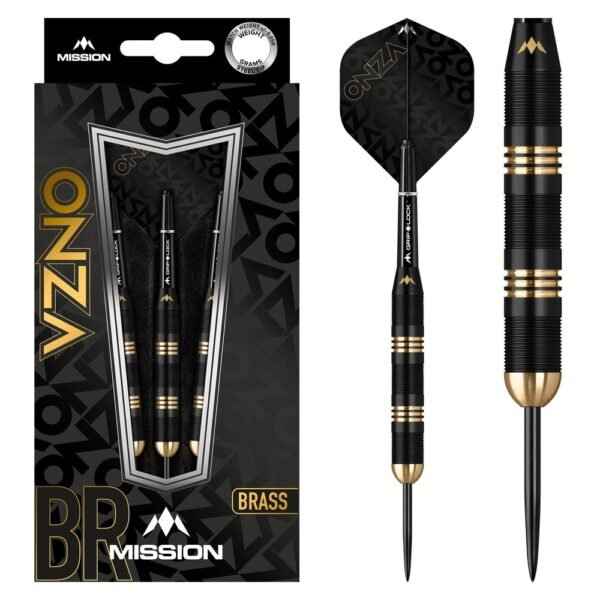 5057270189312_01 Mission Onza M1 Black & Gold Brass – 24 gram – Steeltip Dartpijlen