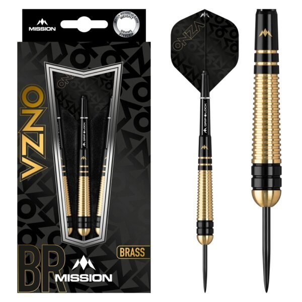 5057270189329_01 Mission Onza M2 Black & Gold Brass – 22 gram – Steeltip Dartpijlen