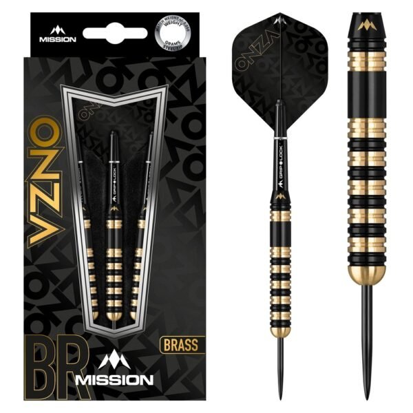 5057270189336_01 Mission Onza M3 Black & Gold Brass – 23 gram – Steeltip Dartpijlen