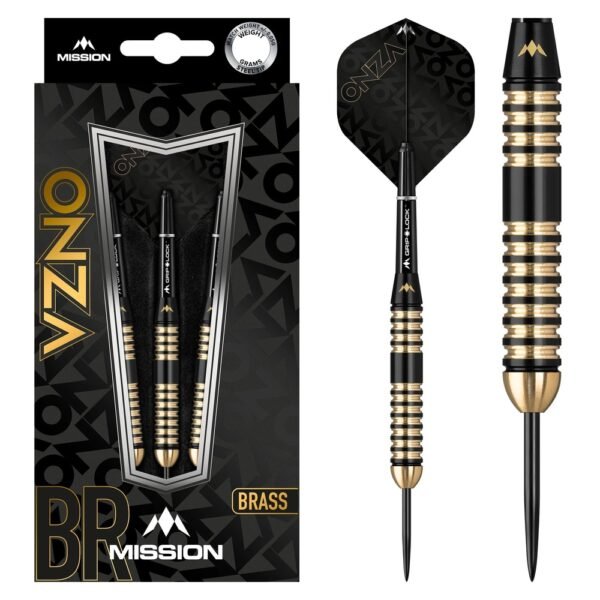 5057270189343_01 Mission Onza M4 Black & Gold Brass – 24 gram – Steeltip Dartpijlen