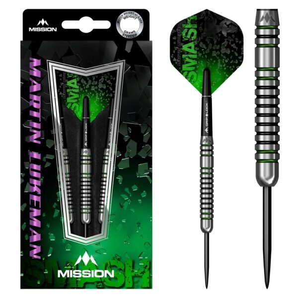 5057270198031_01 Mission Martin Lukeman Smash Black & Green 90% – 23 gram – Steeltip Dartpijlen