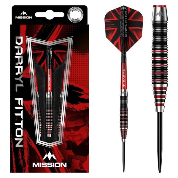 5057270281047_01 Mission Darryl Fitton The Dazzler Black & Red 95% – 24 gram – Steeltip Dartpijlen