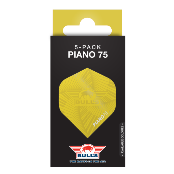 Piano 75 verpakking GEEL Bull’s Piano 75 No.2 Flights Yellow 5 Pack