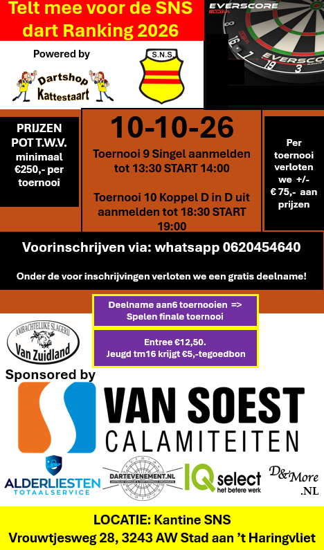 SNS Dart Toernooi 9 en 10 – 10 oktober 2026